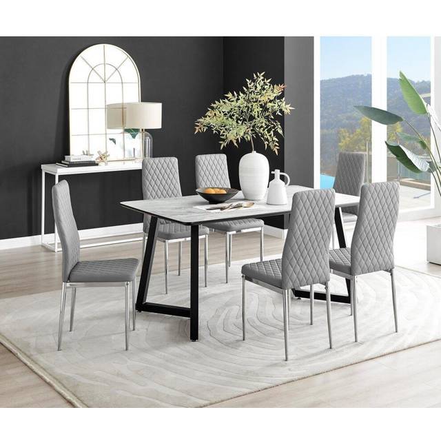Furniturebox Copeland Valera Marble Effect 6 Seater Dining Set White Grey and Chrome