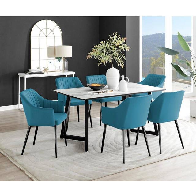 Carson White Marble Effect Dining Table and 6 Calla Black Leg Chairs - Blue