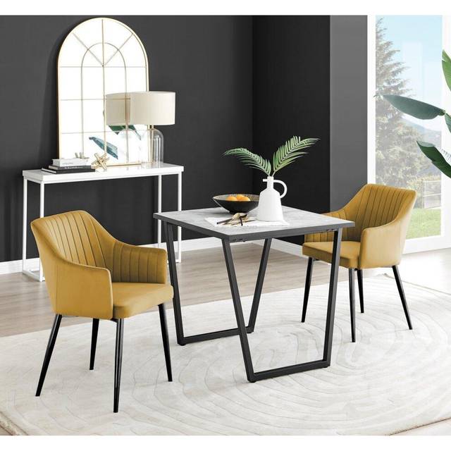 Carson White Marble Effect Square Dining Table and 2 Calla Black Leg Chairs - Mustard - Yellow