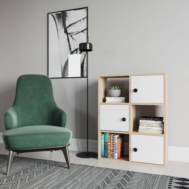 Tasso Bookcase with Cabinets - Sapphire Oak Pattern & White / 3 - Yellow