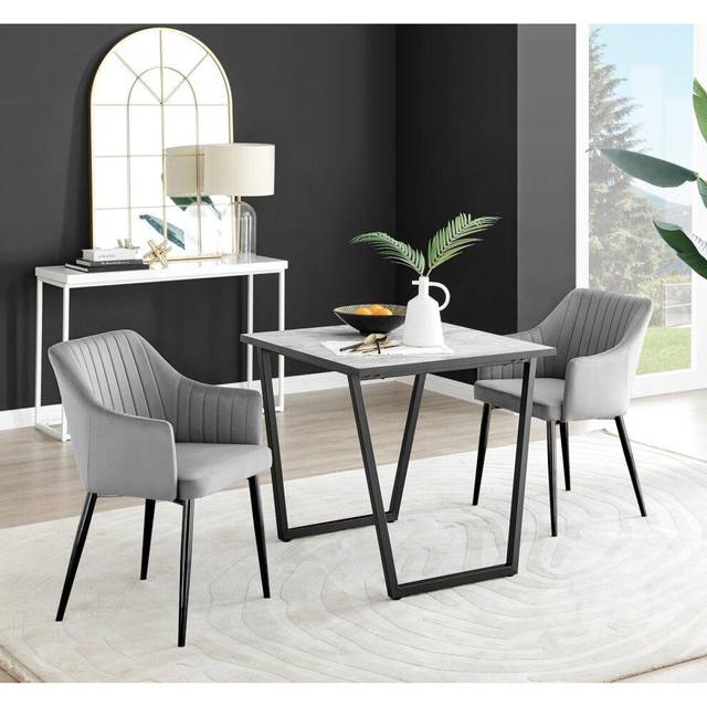 Carson White Marble Effect Square Dining Table and 2 Calla Black Leg Chairs - Grey