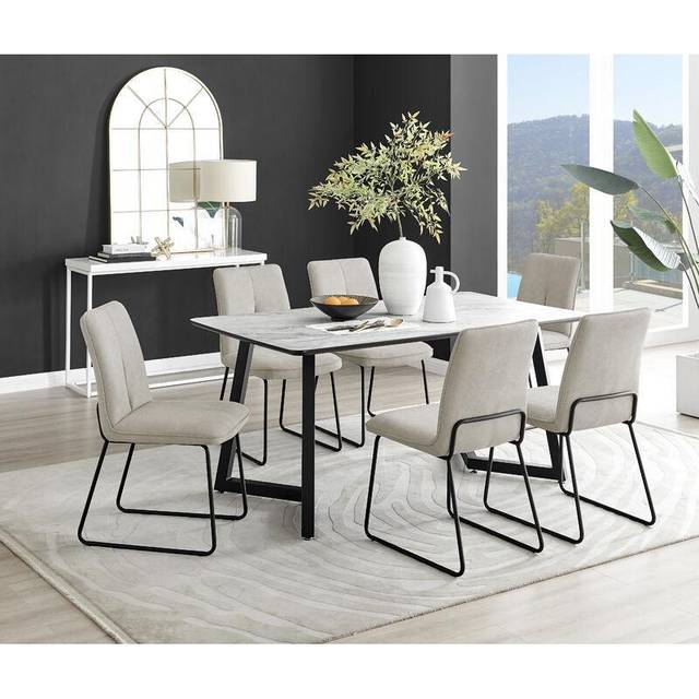 Carson White Marble Effect Dining Table and 6 Halle Chairs - Taupe - Yellow