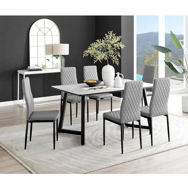 Carson White Marble Effect Dining Table and 6 Milan Black Leg Chairs - Grey