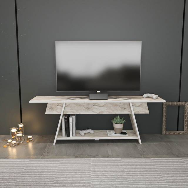 Decorotika Lanca 150 Cm Media Centre Tv Stand Tv Unit Tv Cabinet Up To 65"- White Marble Effect, Cream