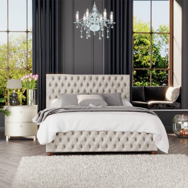 Laurence Llewelyn-Bowen Seren Ottoman Storage Bed in Mirazzi Velvet Fabric, Custom Made in Ivory | Size: Super King