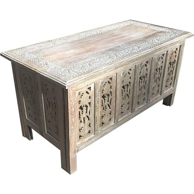 Beautiful Carved Indian Wooden Coffee Table Side Tables 91x46cm [Natural)
