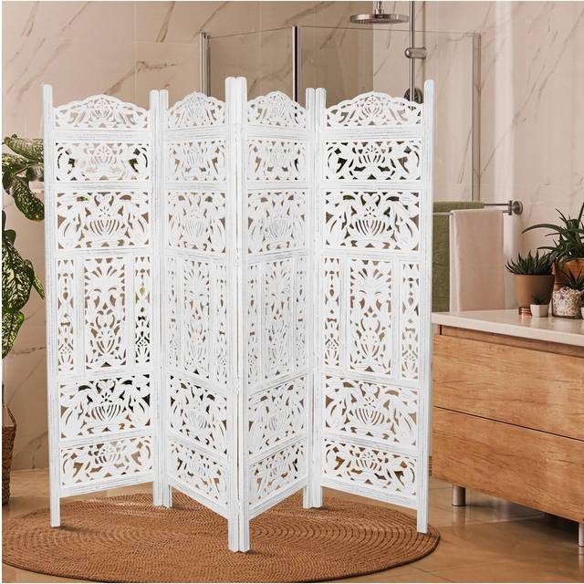 4 Panel Heavy Duty Carved Indian Screen Wooden Leaves Design Screen Room Divider 183x50cm per panel, wide open 202cm [Antique White]