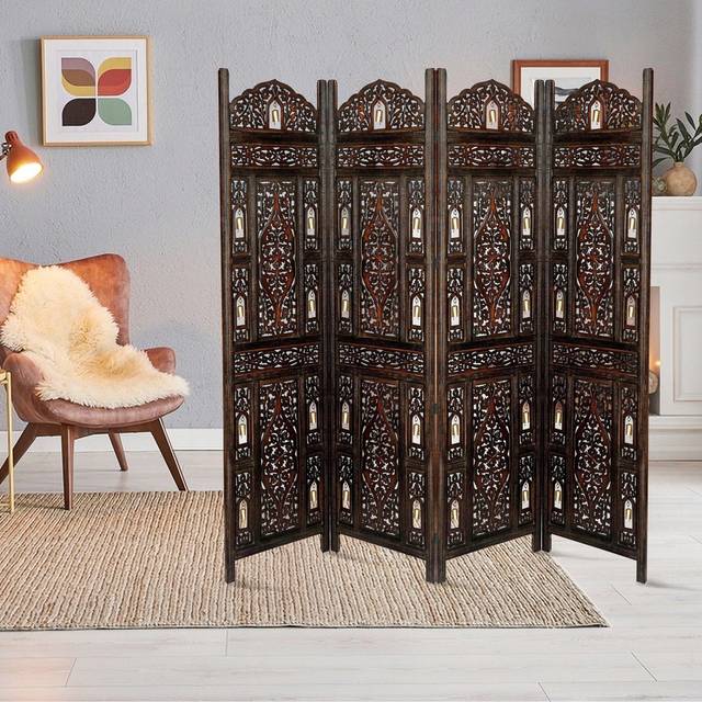 (DARK BROWN) 4 Panel Wooden Carved Screen Divider Bells Design