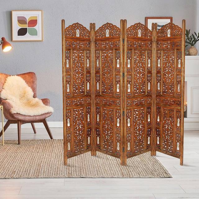 (LIGHT BROWN) 4 Panel Wooden Carved Screen Divider Bells Design