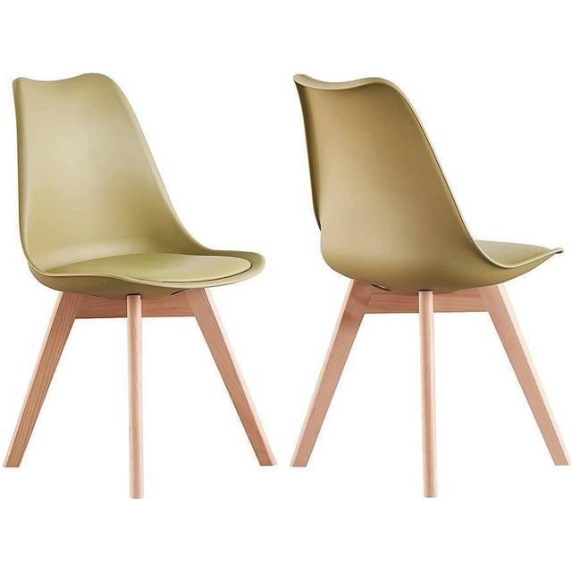 Set of 2 Scandinavian Dining Chairs Leather Cushions Solid Wood Legs - Green - One Size