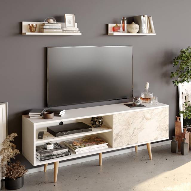 Pi Modern TV Unit TV Stand for TVs up to 72" - White Marble Effect