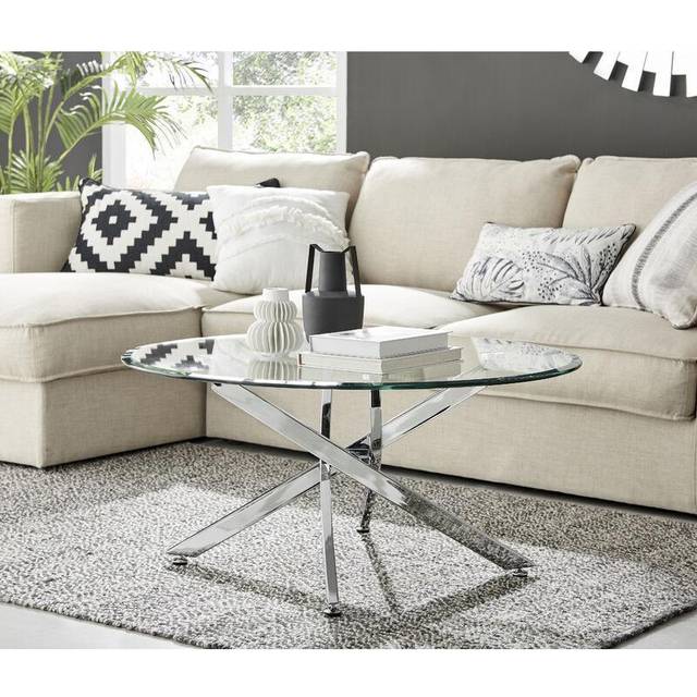 Novara clear round tempered glass & silver chrome leg living room coffee table
