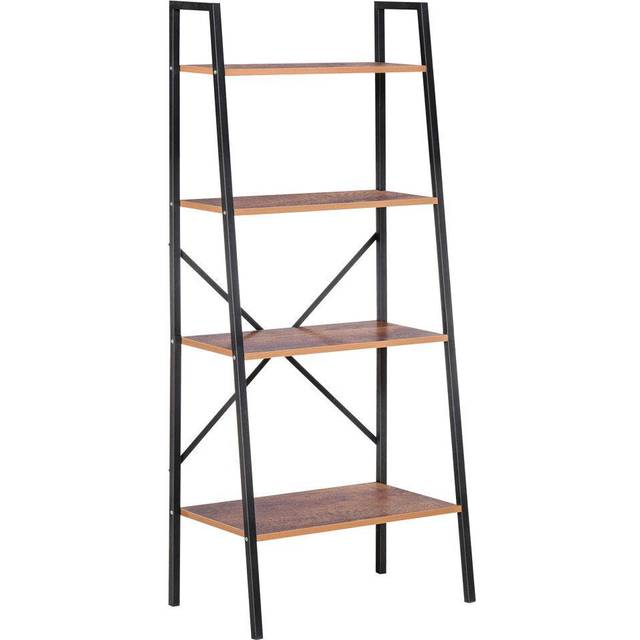 HOMCOM 4 Tier Ladder Display Bookcase Steel Frame Black And Rustic Wood Effect, Brown
