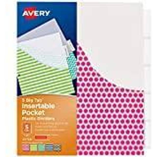 Avery Plastic 5-Tab Binder Dividers with Pockets  Insertable Clear Big Tabs  Assorted Designs  1 Set 07708