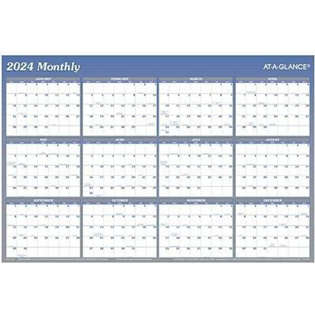 AT-A-GLANCE 2024 Erasable Calendar Dry Erase Wall Planner 36 x 24 Large Vertical/Horizontal Reversible Blue (A1102-24)