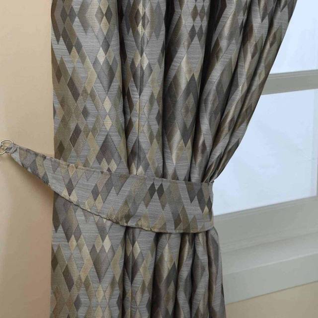Grey Jacquard Curtain Tie Back Pair Geometric Diamond Design