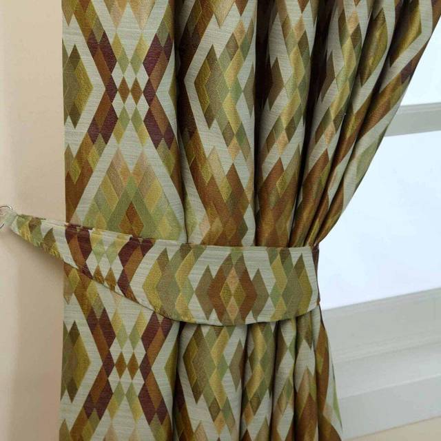 Green and Gold Jacquard Tie Back Pair Geometric Diamond Design