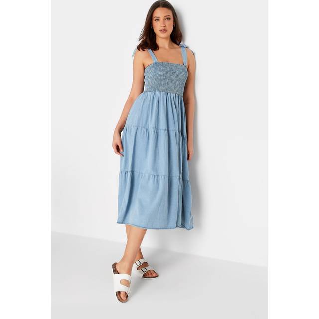 Lts Tall Blue Denim Shirred Tiered Midi Dress 8 Lts | Tall Women's Casual Dresses