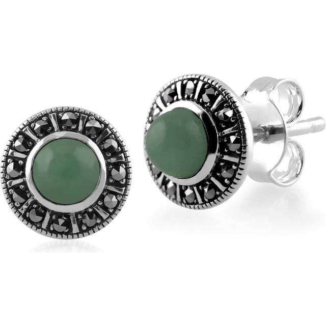 Art Deco Style Round Green Jade & Marcasite Halo Stud Earrings in 925 Sterling Silver