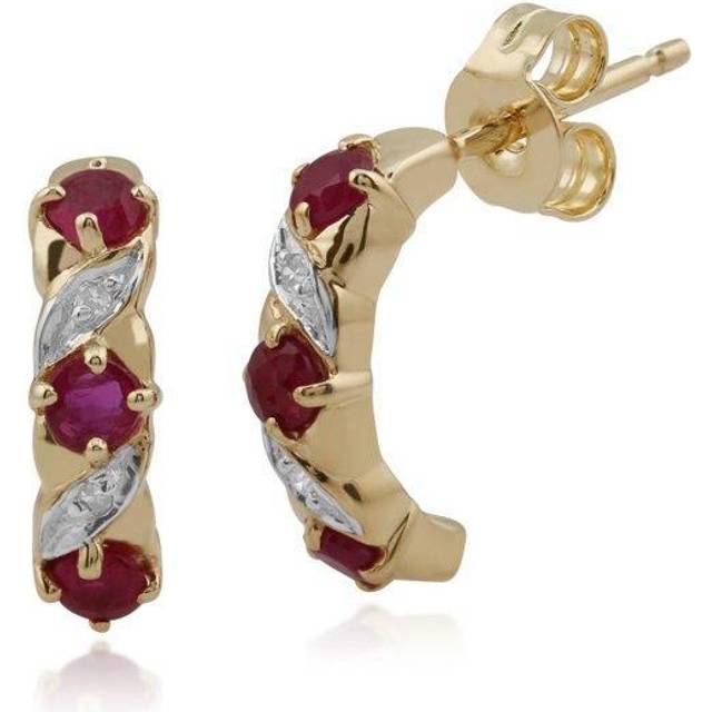 Art Nouveau Style Ruby & Diamond Half Hoop Earrings in 9ct Gold