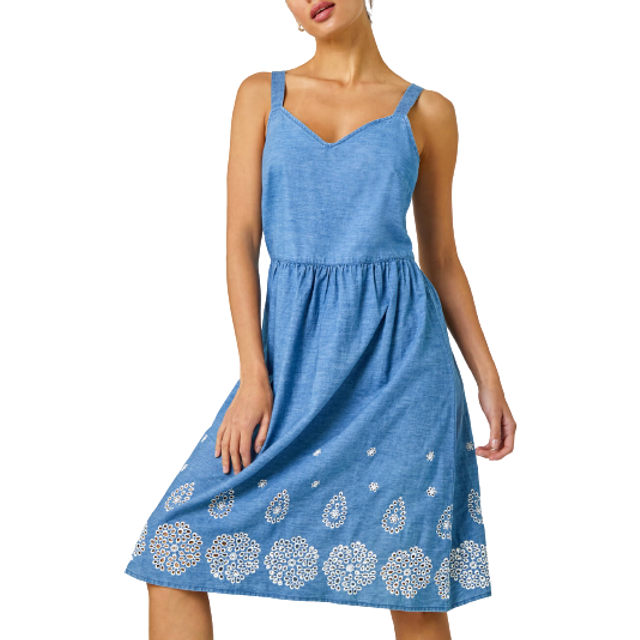 Sleeveless cotton embroidered midi dress for women uk - ladies roman originals