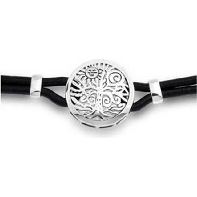 Circular Disc Medallion Genuine Black Leather Celtic Sunrise and Tree of Life Wish Collar Choker Necklace for Women Sterling Silver .925 black