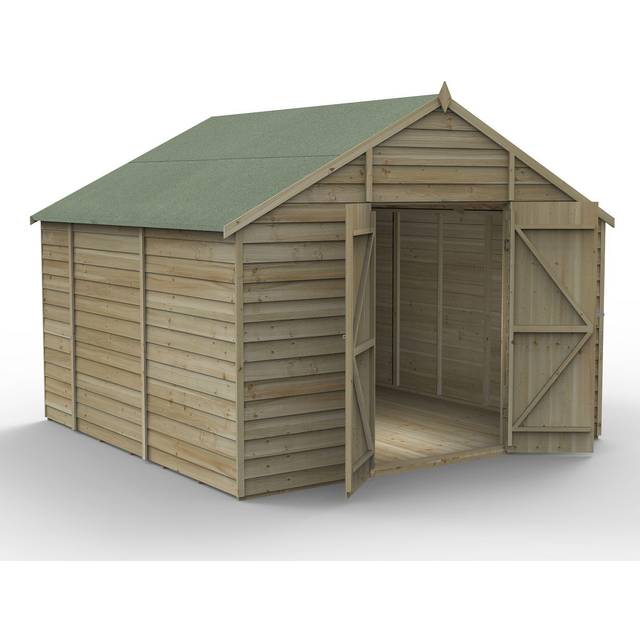 Forest Garden 4Life Apex Overlap Pressure Treated Double Door Windowless Shed with Base - 10 x 10ft - Natural Timber