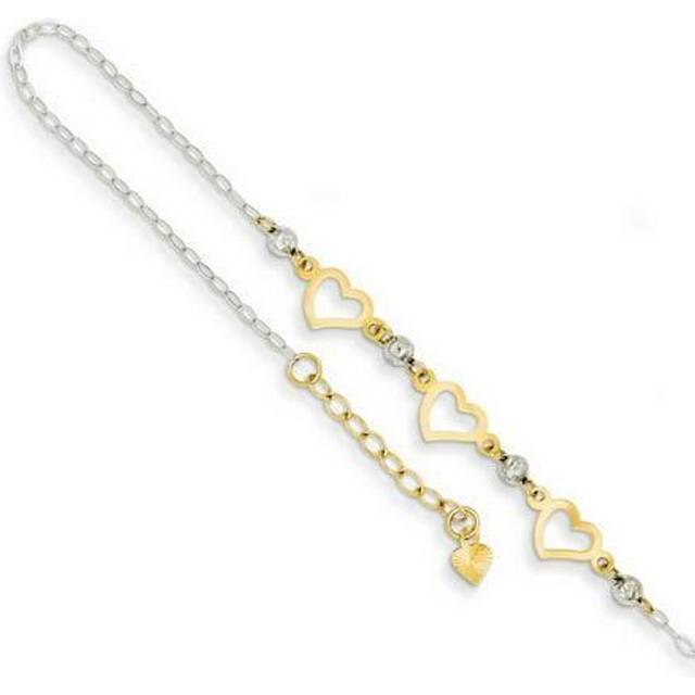 Quality Gold ANK257-9 14K Two-Tone Oval Link Diamond-Cut Beads & Heart 9 in. Plus 1 in. Extension Anklet