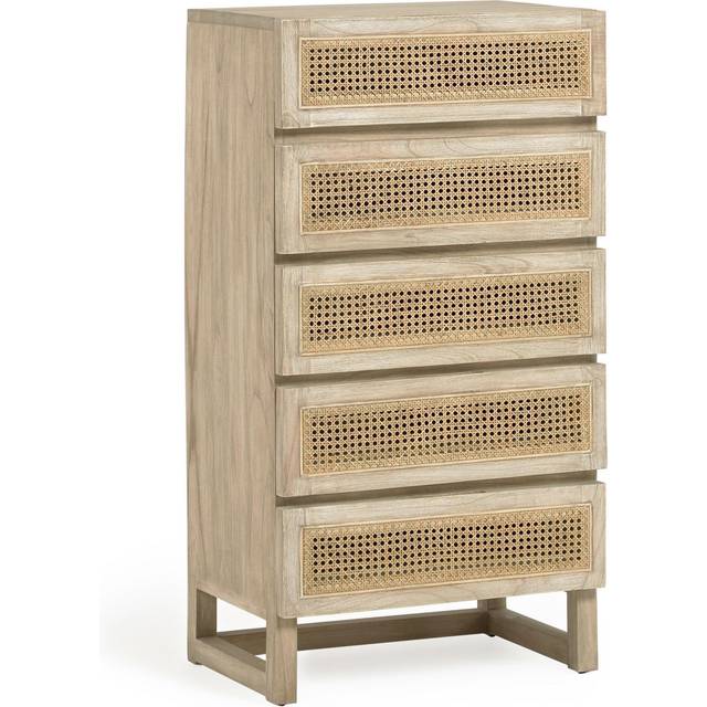 Rexit solid mindi wood and veneer chest of 5 drawers with rattan 60 x 113 cm - Brown
