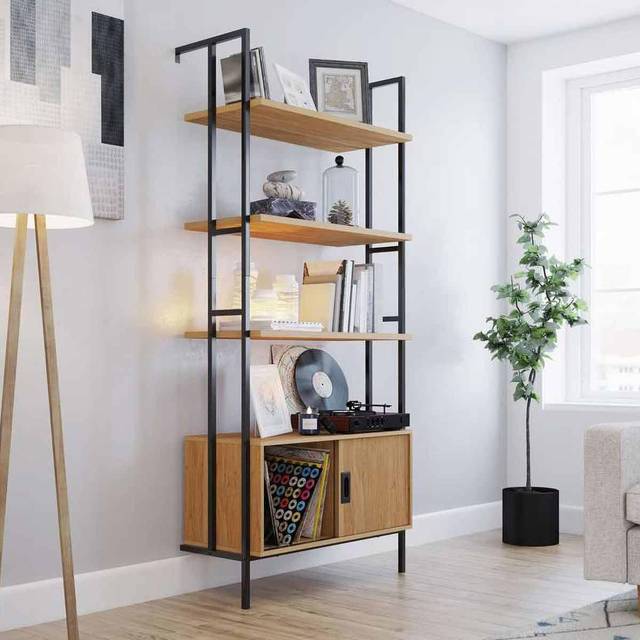Teknik Office Hythe Wall Mounted 4 Shelf Bookcase with Door, Walnut