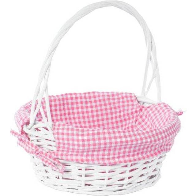 Vintiquewise QI003820PK.S 11.25 x 13 in. Round Willow Gift Basket with Pink Gingham Liner & Handle, White - Small