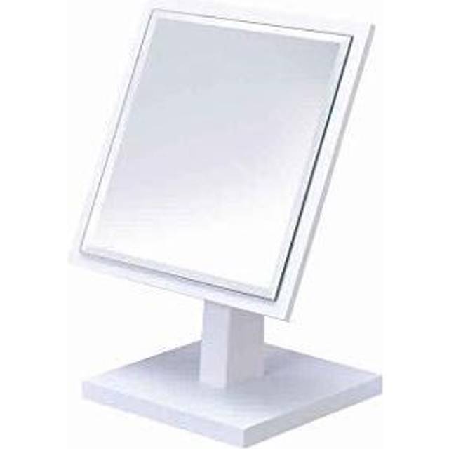 Benjara Square Makeup Mirror with Wooden Pedestal Base  White and Silver