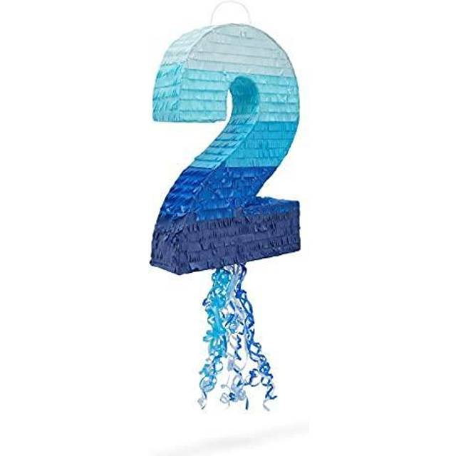 Number 2 Pull String Pinata for Boys  2nd Birthday Party Decorations  Ombre Blue (16.5 x 11.5 x 3 In)