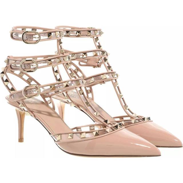 Valentino Rockstud Caged 65 Patent & Vinyl Ankle Strap Pump