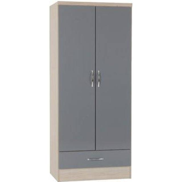 Nevada Wardrobe Grey 2 Door 1 Drawer Gloss and Oak Effect Hanging Rail