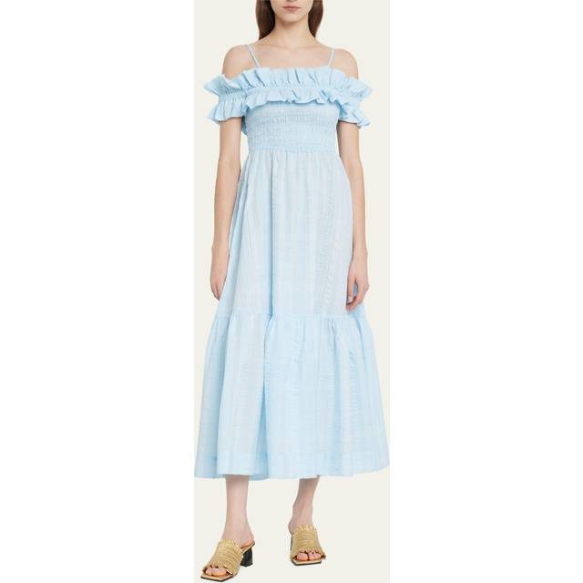 GANNI Seersucker Check Smocked Maxi Dress