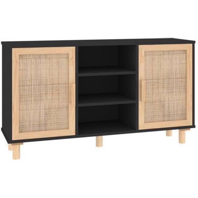 Skänk svart 105x30x60 cm massiv furu och naturlig rotting