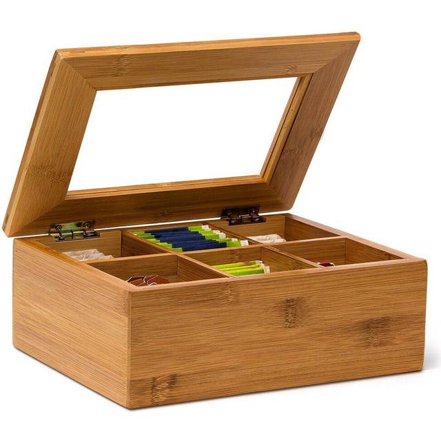 Relaxdays Bamboo Box With 6 Compartments Bag Caddy Wooden With Closable Lid + Wi