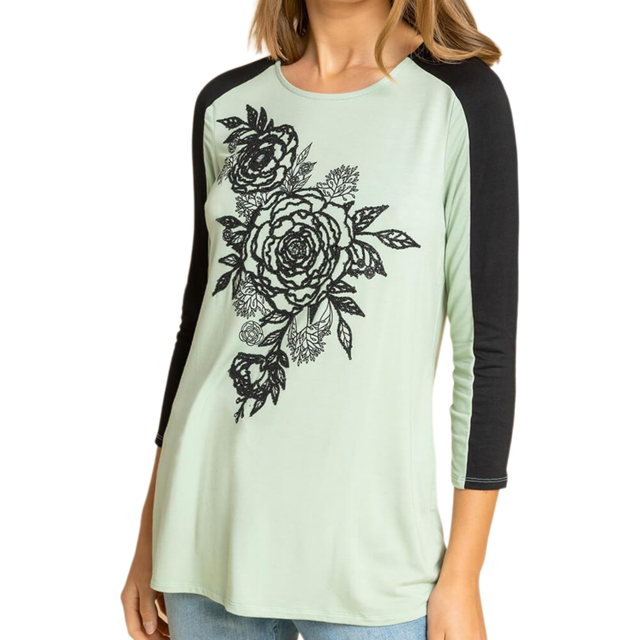 Roman Womens Floral Embellished Contrast Print Top - Green - Size 10 UK