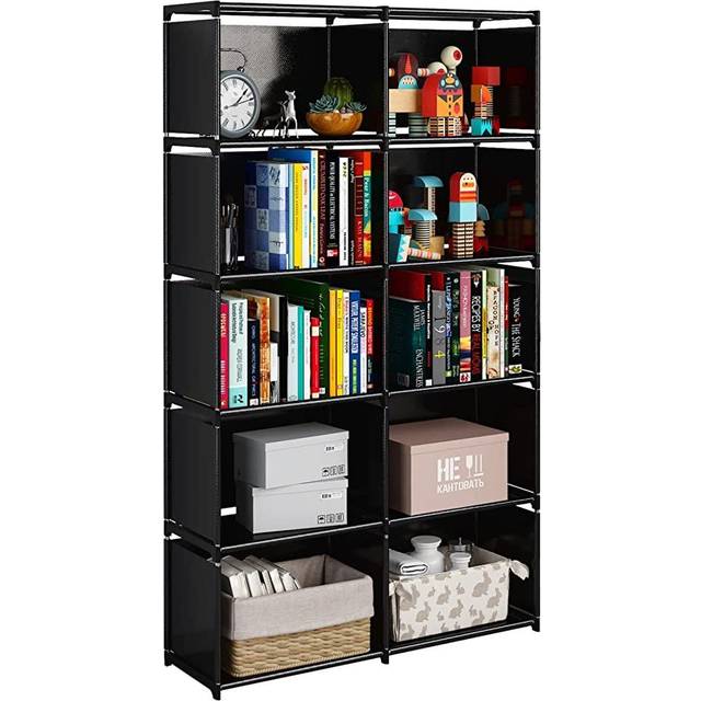 JIUYOTREE 6-Tiers Portable Bookshelf with Fabric Cloth at Back, 10 Cube Closet Storage Organiser Bookcase, Living Room,Study Room,Bedroom, Black