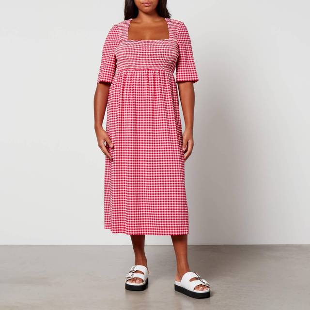 Ganni Smocked Checked Seersucker Dress - EU 36/UK 8 - Red