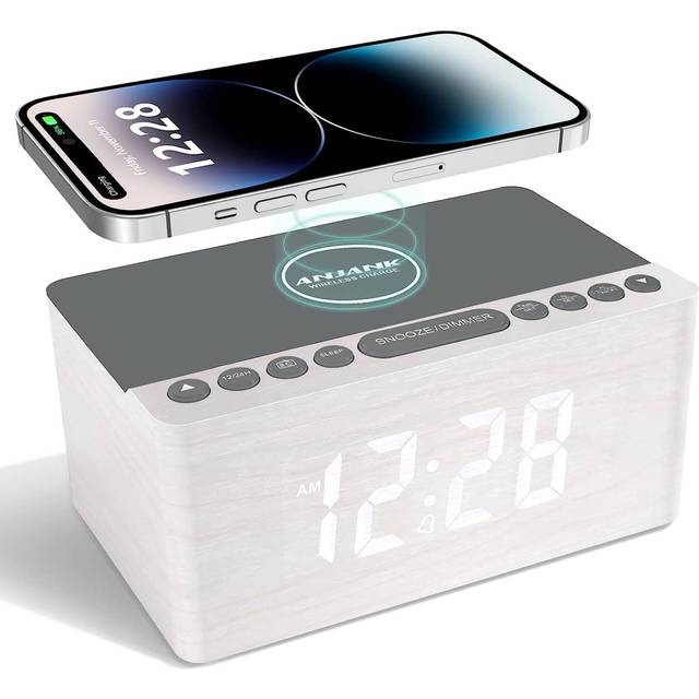 ANJANK Bedside Wooden FM Radio Alarm Clock,10W Super Fast Wireless Charger Station for Iphone/Samsung Galaxy,USB Charging Port, 5 Level Digital