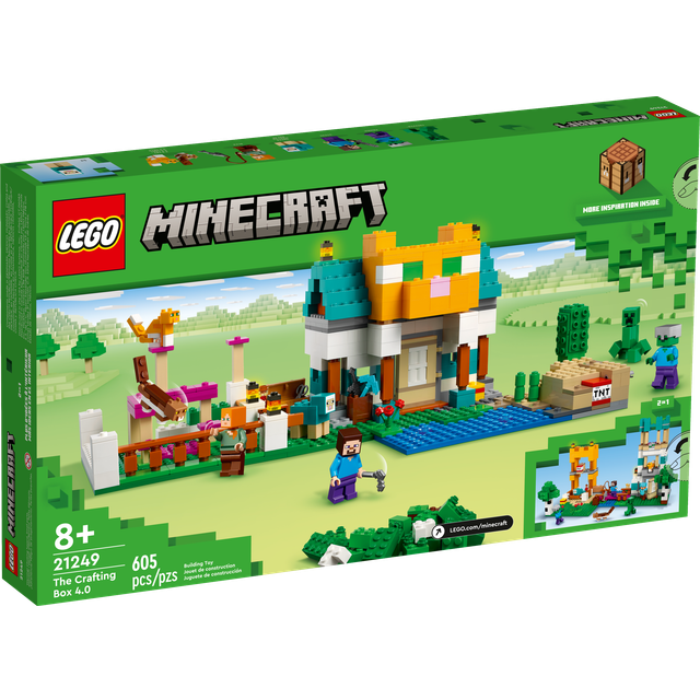 LEGO 21249 Minecraft Skaparlådan 4.0 2-i-1 Byggleksak för Barn, Byggsats med Torn och Kattstuga, Innehåller Minifigurer av Steve, Alex, Zombie och Creeper, Actionfyllt Lekset, Presentidé, från 8 år