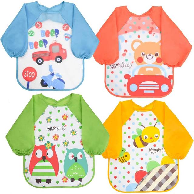 Vicloon Bibs with Sleeves, 4 Pcs EVA Baby Bib Waterproof Long Sleeve Bib Unisex Feeding Bibs Apron Lovely Cute Cartoon Bibs for Infant Toddler 6