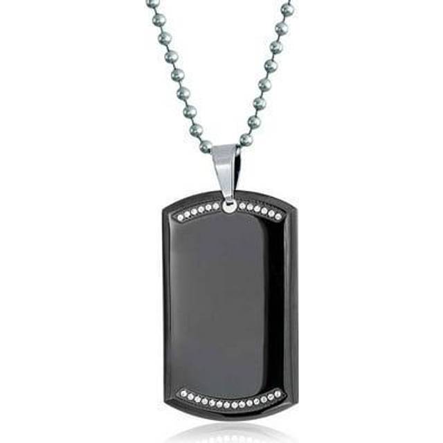 Engravable CZ Edge Black Dog Tag Pendant Necklace Bead Ball Chain 24 Polished Stainless Men's Steel. black