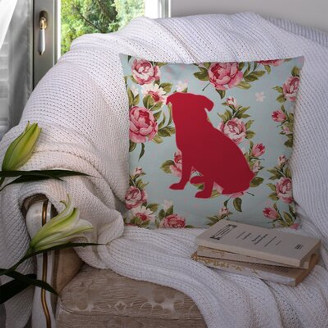Caroline's Treasures BB1084-RS-BU-PW1414 Pug Shabby Chic Blue Roses Decorative Pillow  Large  Multicolor