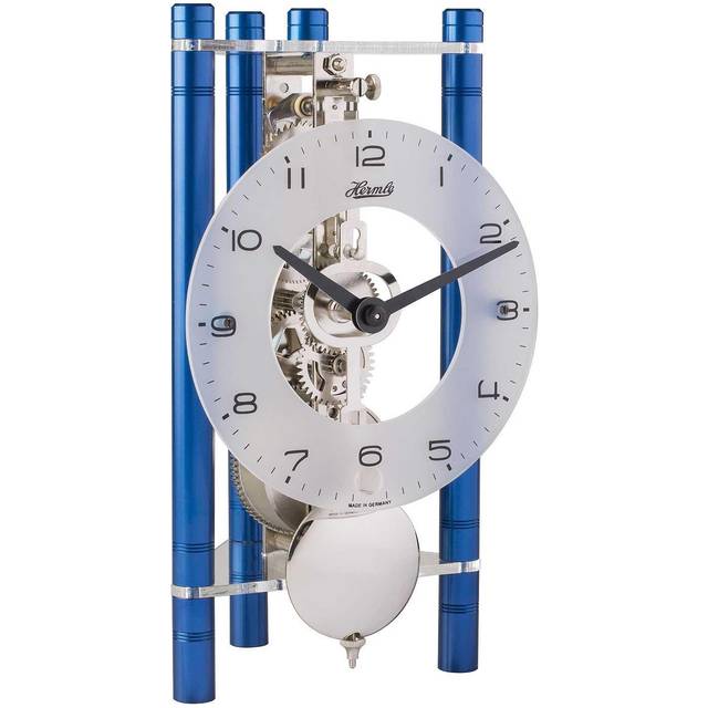Hermle Skelett-bordsklocka med anodiserade aluminiumpelare – triangel 23025-Q70721, arabisk urtavla glas, blå, förnicklad