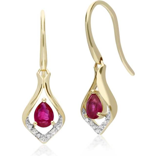 Classic Pear Ruby & Diamond Leaf Halo Drop Earrings in 9ct Yellow Gold