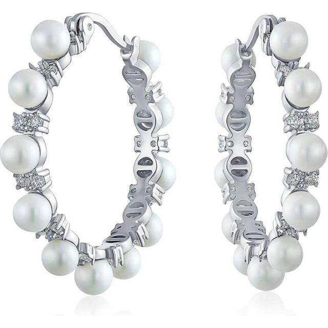 Bridal Statement Wedding Jewelry White Modeled Pearl Hoop Earrings For Women Bride Teen Silver Plated Diameter 1.25 white