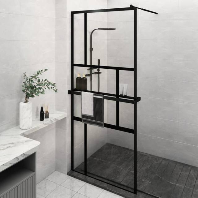 Duschvägg med hylla svart 90x195 cm ESG-glas&aluminium